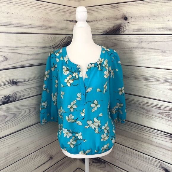 LOFT Blue Floral Blouse Small - Picture 1 of 8
